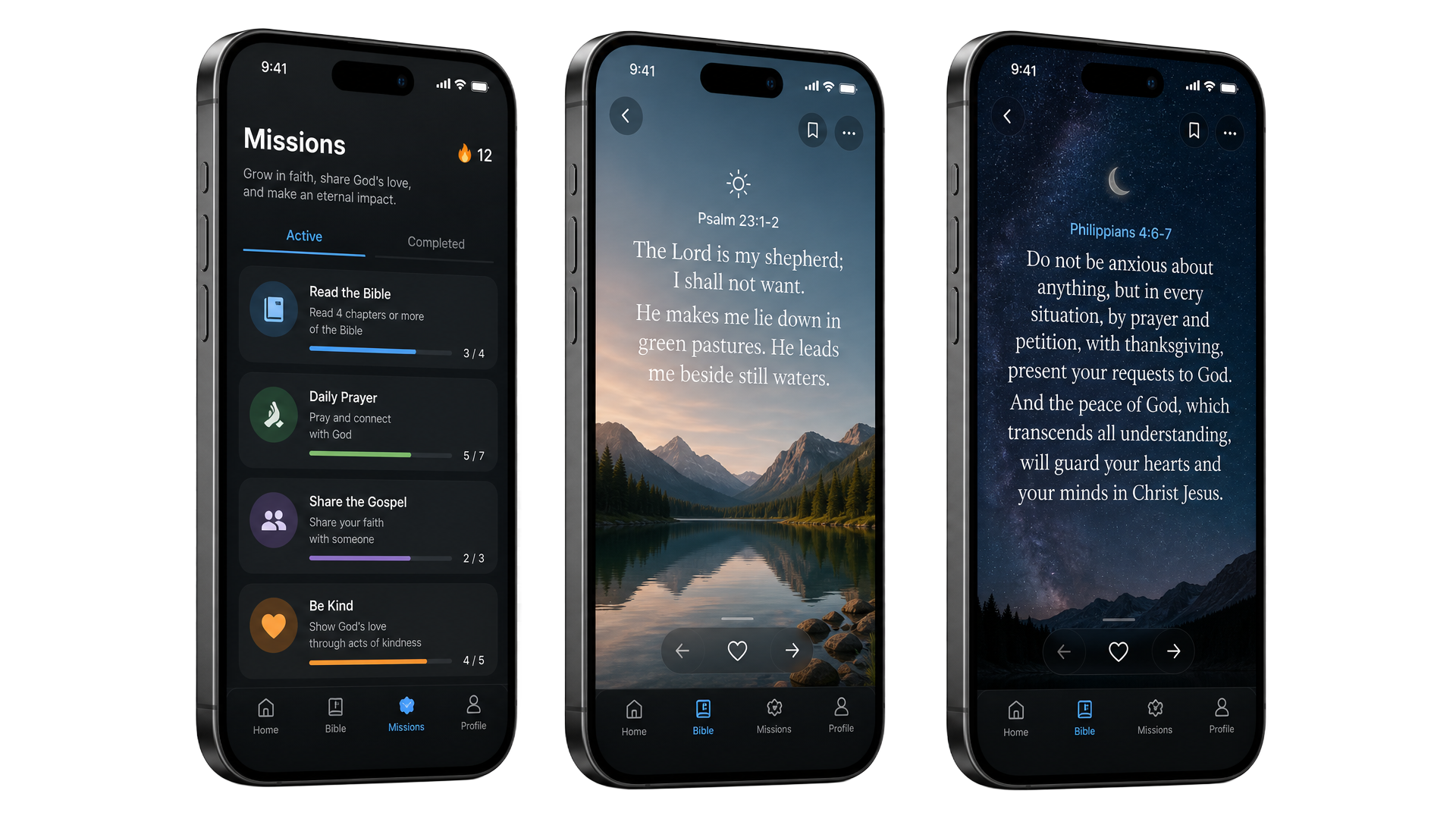 Bible App running on three iPhones showing Missions, Scripture reading and daily verses